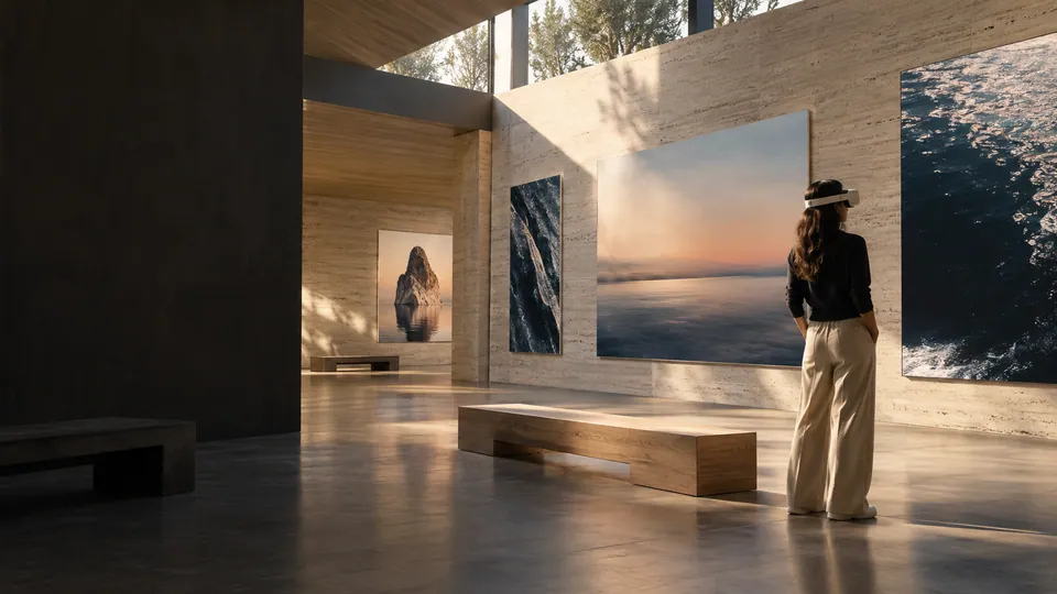 Escena conceptual: una visitante con visor de realidad mixta recorre una exposición de fotografías en una sala luminosa de piedra.