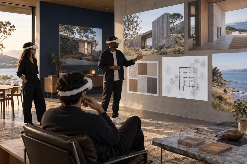Escena conceptual de un equipo con visores en una sala de proyectos con referencias arquitectónicas y planos en las paredes.